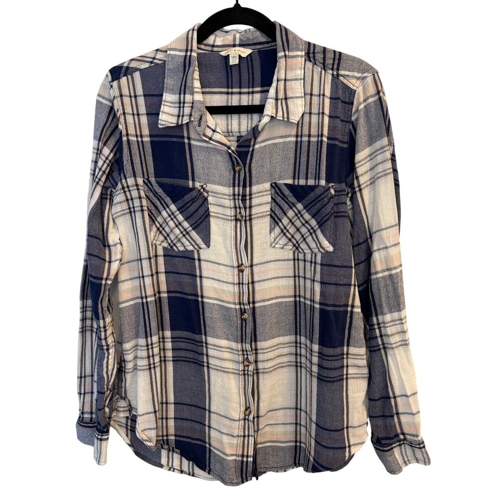 Lucky Brand Plaid Lightweight Button Down Shirt Blue White Pink Size Medium